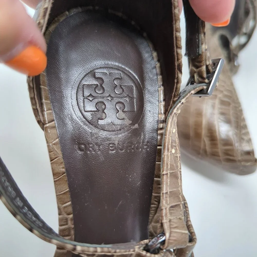 Tory Burch High Heels 6 Brown Strappy Open Toe Croc Embossed Leather - Picture 10 of 10